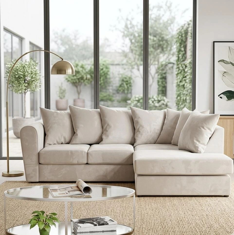 Dylan Cream Plush Velvet 4 Seater Right Arm Corner Sofa (L-Shape Lounge Suite) - Sofas furniture in UK