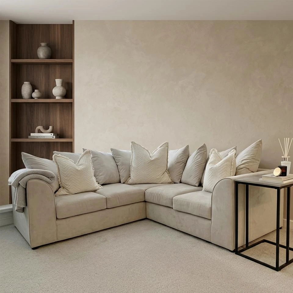 Dylan Cream Plush Velvet 5 Seater Corner Sofa - Sofas furniture in UK