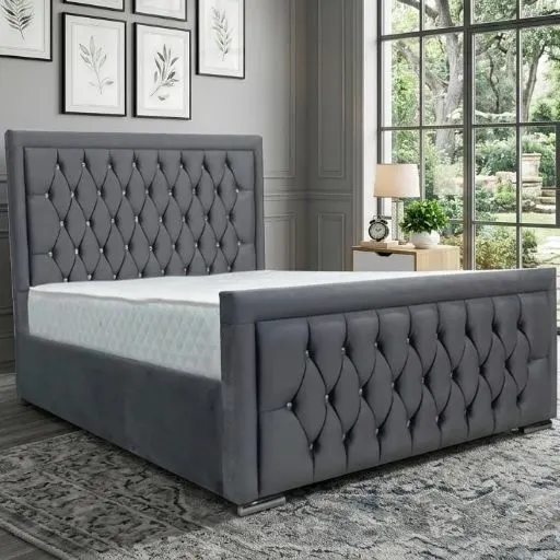 Dark Grey Velvet Hilton Double Bed Frame with Mattress & Crystal Buttons - Beds furniture in UK