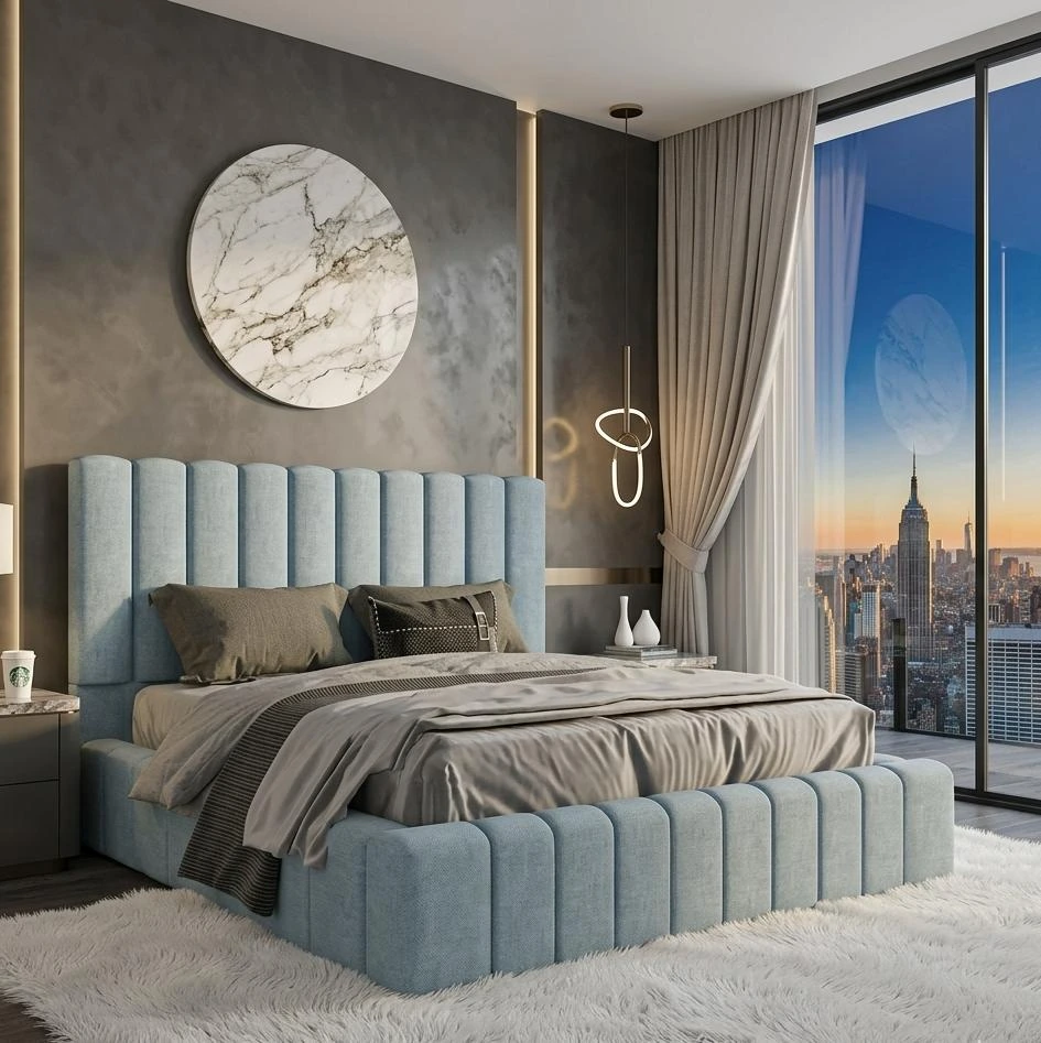 Double Luxury Vertical Panel Ambassador Velvet Bed Frame with Mattress - Duck Egg - Beds furniture in UK
