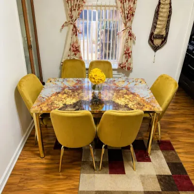 Modern Marble Dining Table Set with 6 Mustard Velvet Chairs – dining table set for the dining room