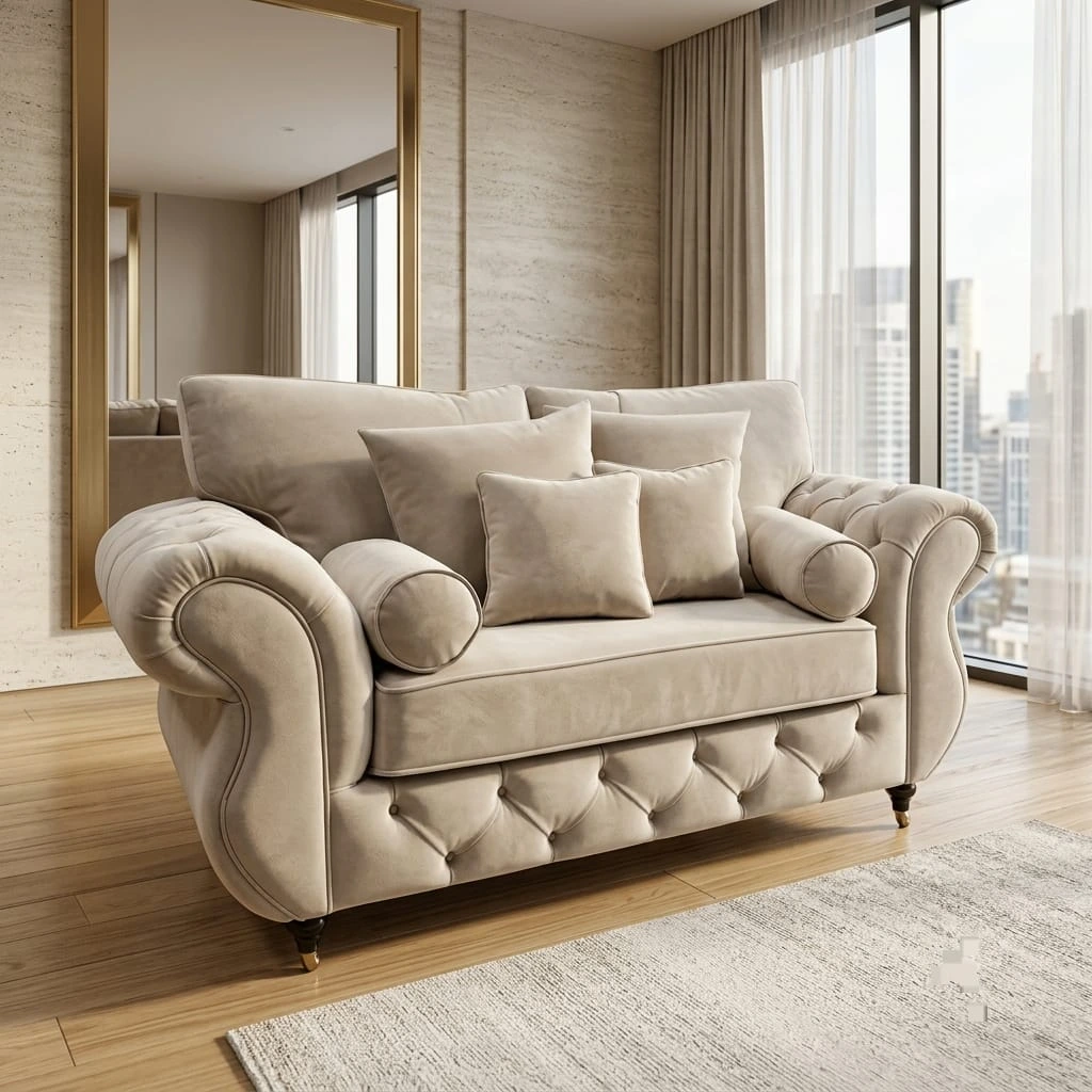 Rio High-Back Cream Velvet Big Armchair with Tufted Base - Sofas furniture in UK