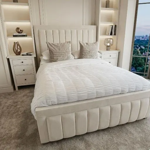 Double Size Cream Upholstered Bumper Line Bed with Mattress | UK Delivery - Beds furniture in UK