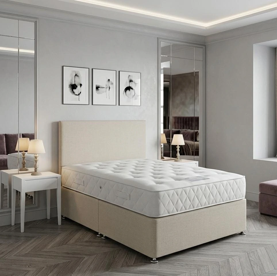 Double Luxury Cream Fabric Divan Bed Set with Mattress and Headboard - Beds furniture in UK