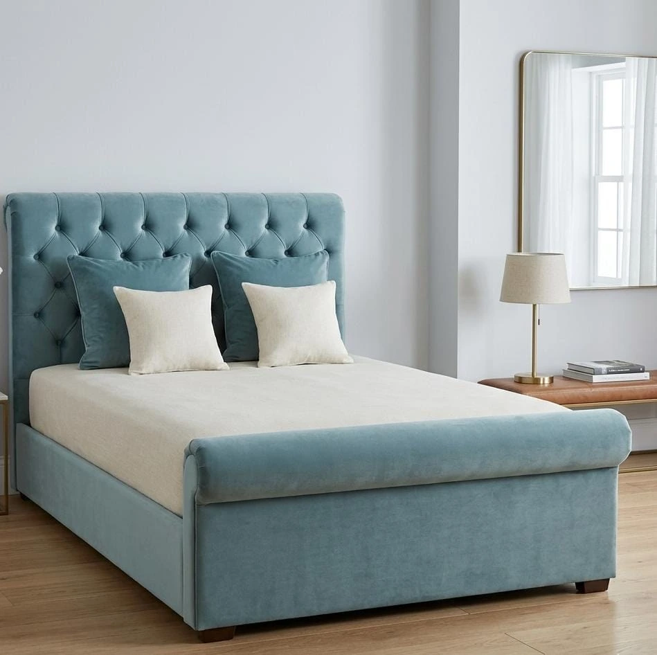 Duck Egg Blue Sleigh Double Bed Framework with Mattress - Beds furniture in UK