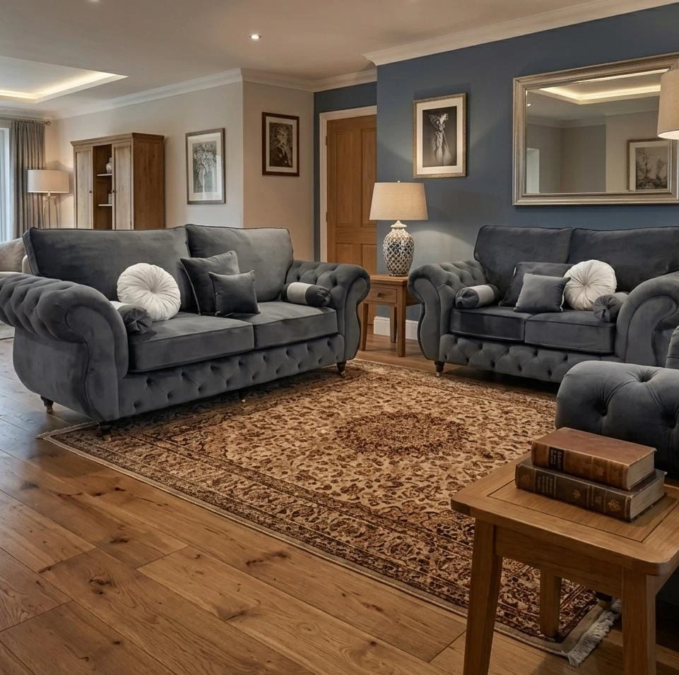 Rio Grey Velvet 2 and 3 Seater Sofa Set — Luxury Chesterfield Scroll Arm Design with Button Tufting | Sofas | UK
