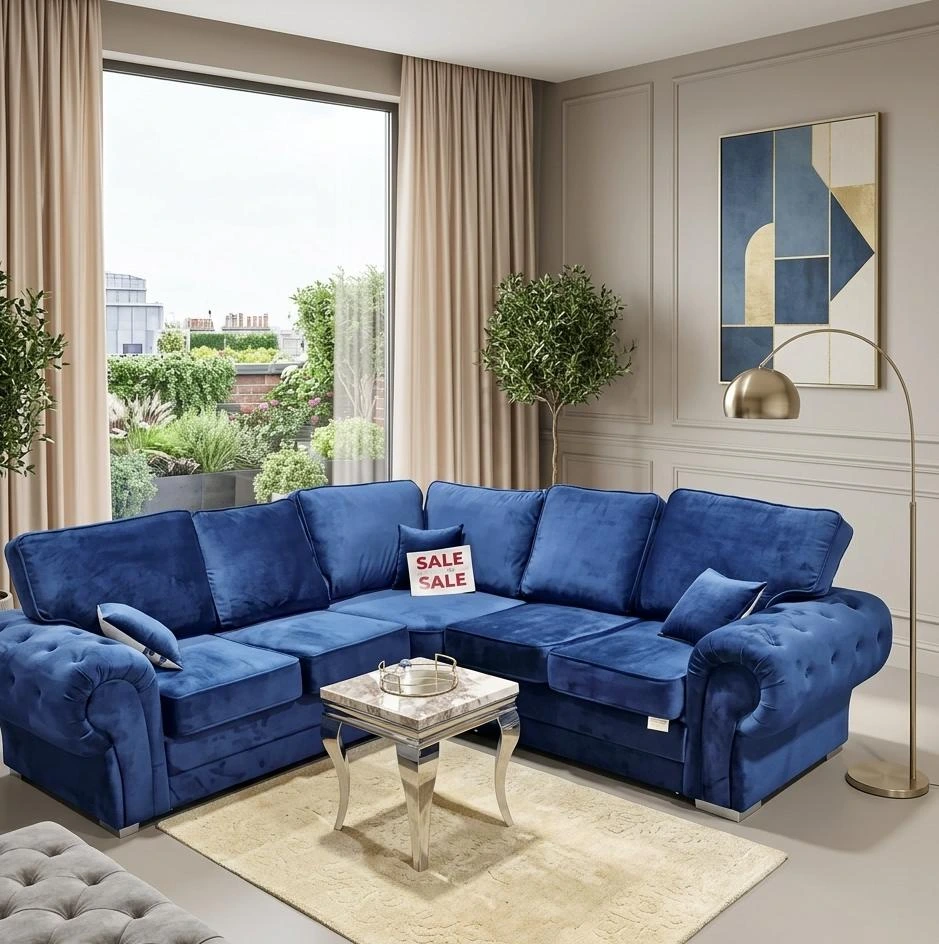 Verona Blue Velvet Highback Corner Sofa - Sofas furniture in UK