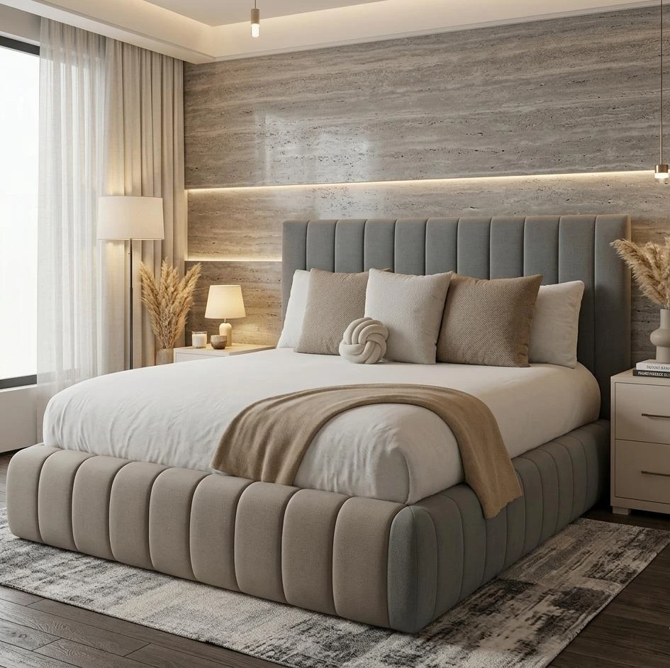 Luxury Double Vertical Panel Ambassador Velvet Bed Frame with Mattress - Grey - Beds furniture in UK