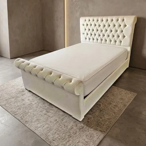 Cream Velvet Small Double Chesterfield Sleigh Bed with Mattress - Beds furniture in UK