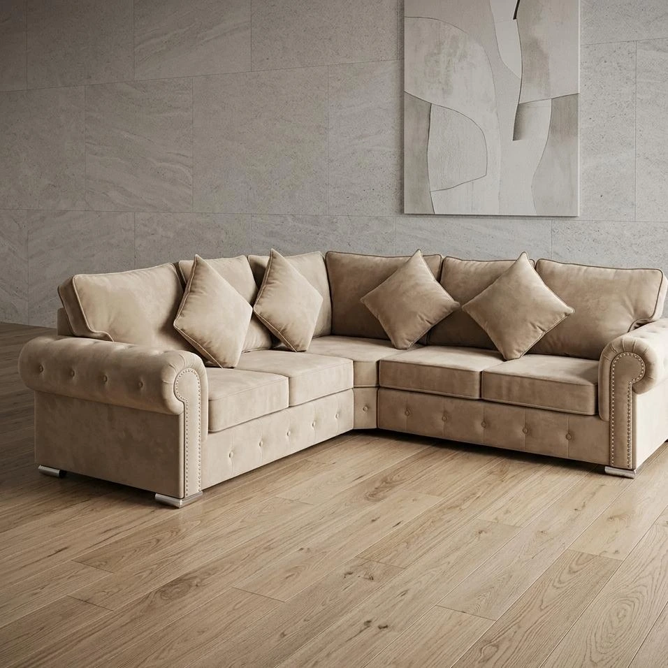 Olympia 5 Seater Corner Sofa – Premium Beige Velvet with Studded Detail - Sofas furniture in UK