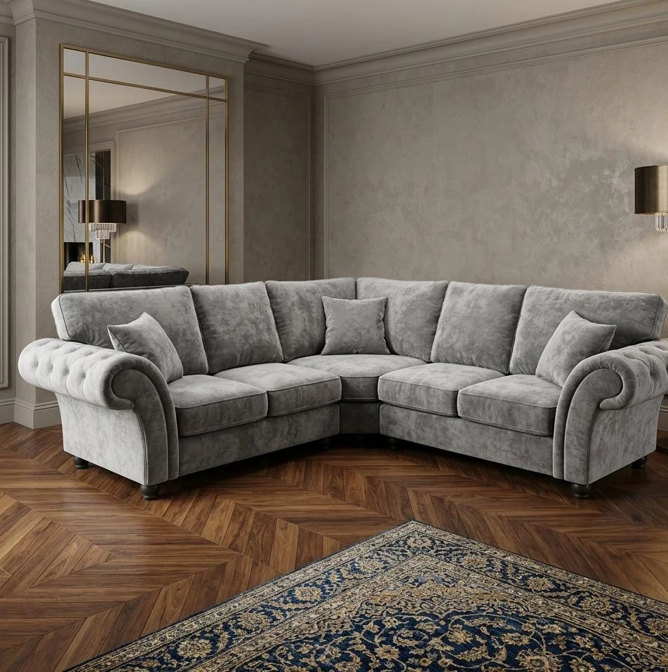 Nicole Highback 5 Seater Corner Sofa – Premium Silver Plush Velvet - Sofas furniture in UK