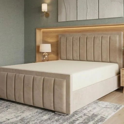 Beige Velvet Double Vertical Fluted Bed Frame with Mattress - Beds furniture in UK