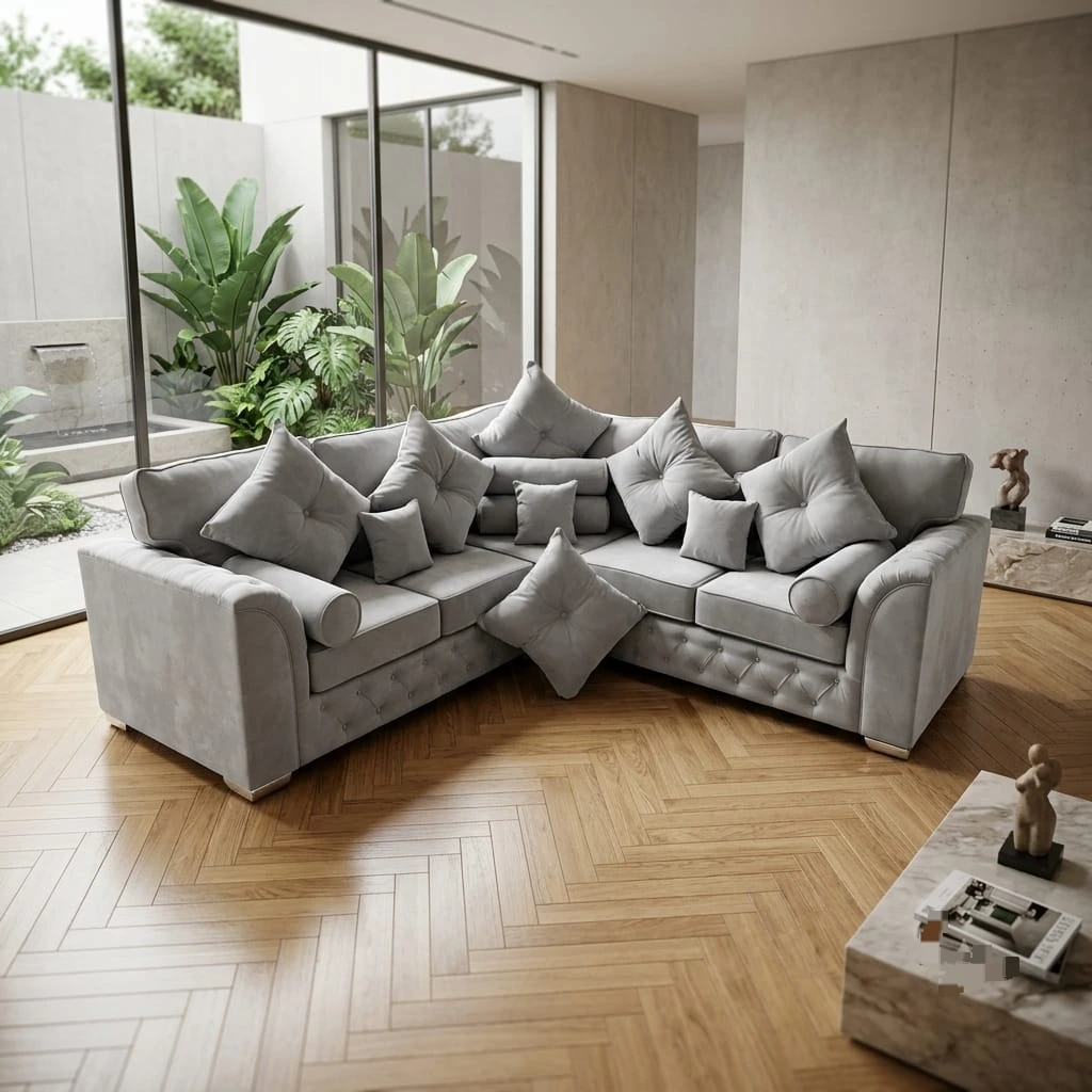 Luxury Silver Plush Velvet Corner Highback Sofa - Sofas furniture in UK