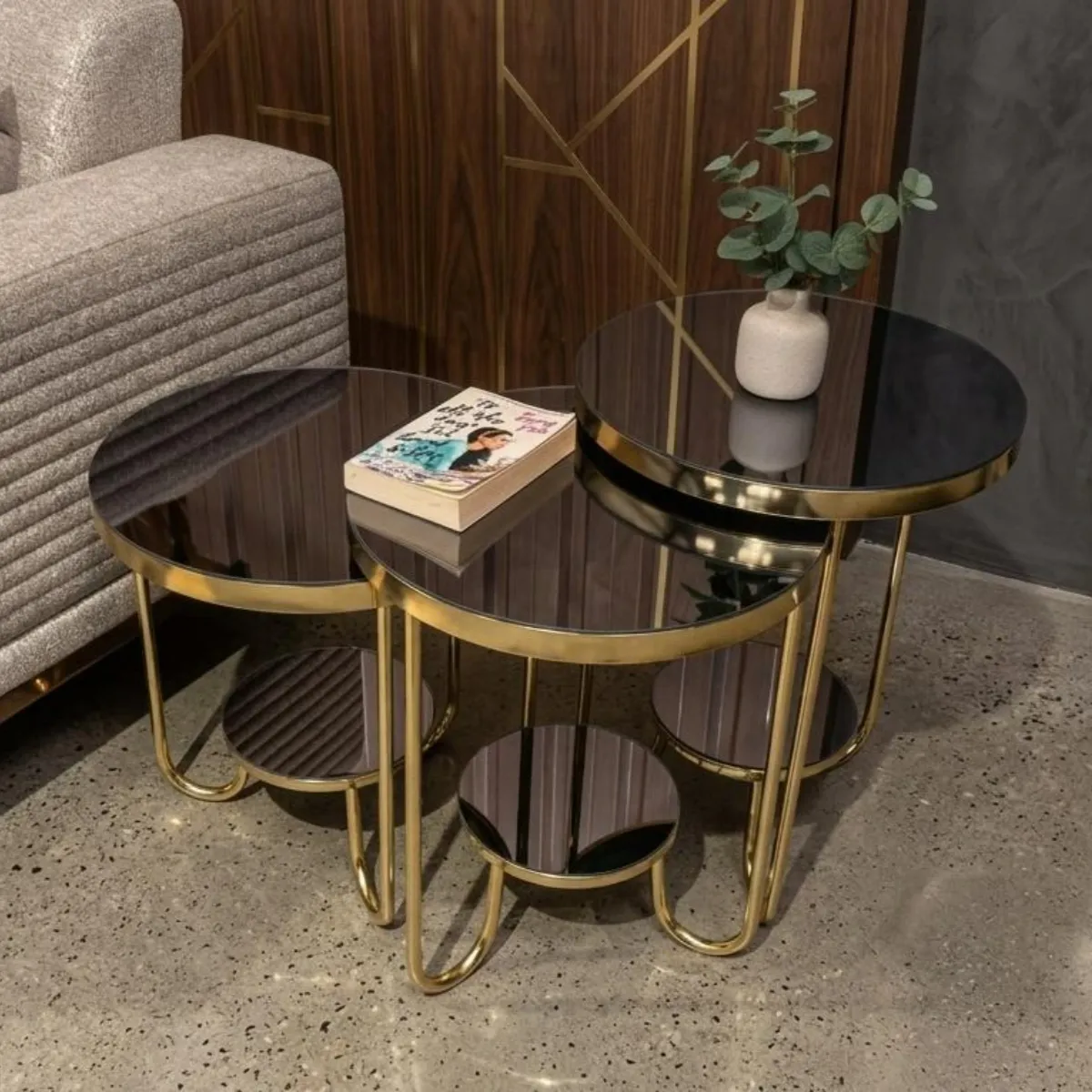 Sasa Round Black Glass Nest of 3 Tables with Gold Frame - Coffee tables furniture in UK