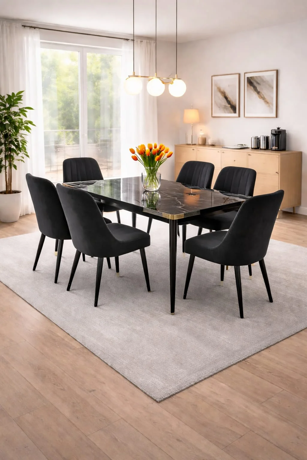 Black Wooden Dining Table Set with 6 Chairs – Modern Family Dining Set – Stylish Kitchen & Dining Room Furniture - Dining furniture in UK