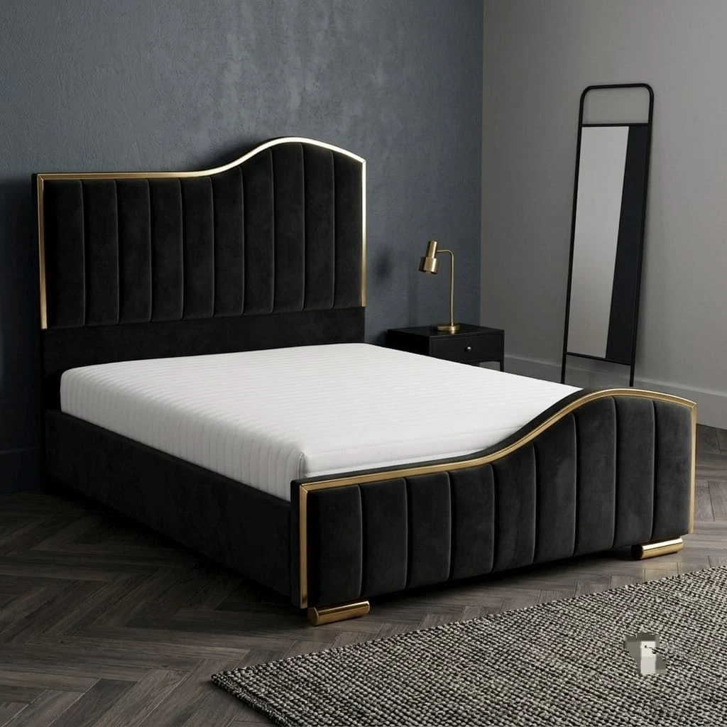 Golden Wave Fluted Black Velvet Double Bed with Mattress - Beds furniture in UK