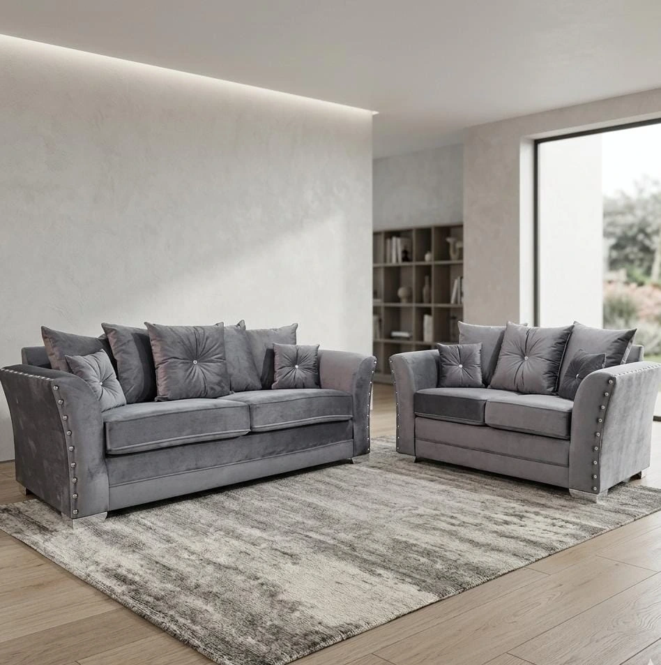 Harrison Chesterfield Cream Plush Velvet 3 and 2 Seater Sofa Set - Sofas furniture in UK