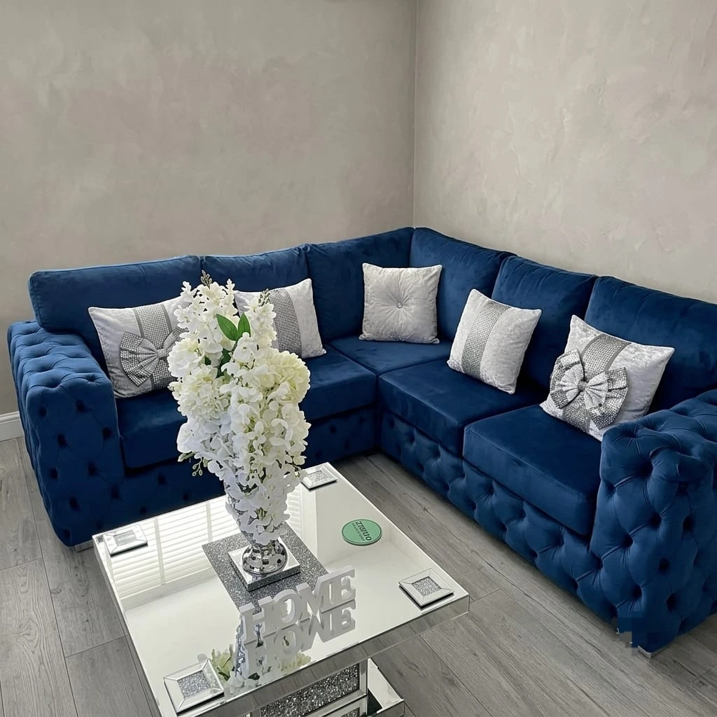 Ashton Luxury Sapphire Blue Velvet 5 Seater Corner Sofa High Back Chesterfield Fabric Settee Suite - Sofas furniture in UK