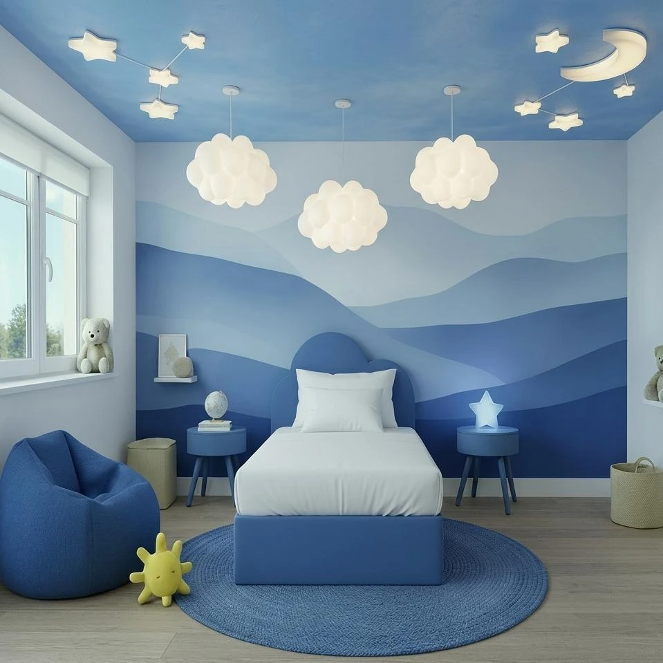 Cloud Kids Blue Upholstered Single Bed with Premium Mattress Set - Beds furniture in UK