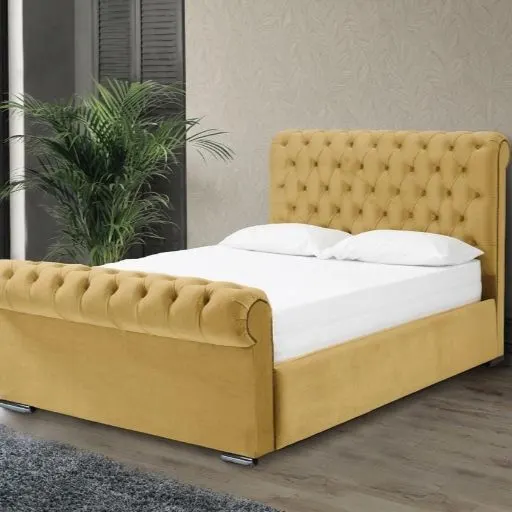 Mustard Velvet Double Sleigh Bed Frame with Mattress - Beds furniture in UK