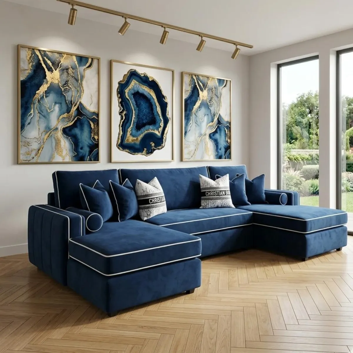 Fancy Royal Blue U-Shaped Sectional Sofa Set | Highback Velvet Living Room Couch - Sofas furniture in UK