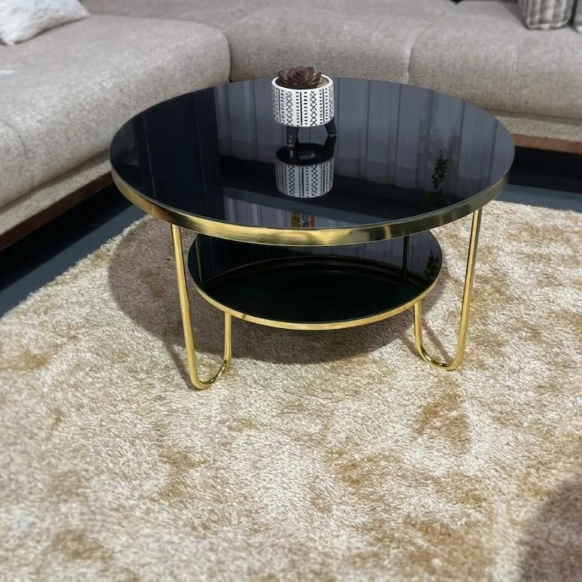 Sasa Round Black Glass Coffee Table with Gold Legs and Storage Shelf - Coffee tables furniture in UK