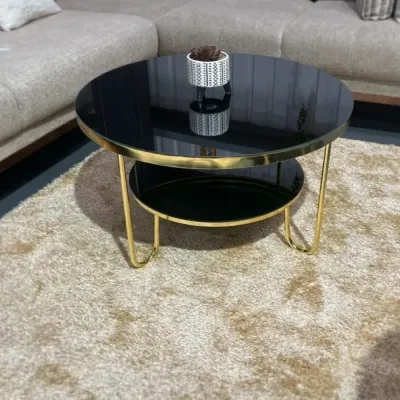 Sasa Round Black Glass Coffee Table with Gold Legs and Storage Shelf – coffee table for the living room