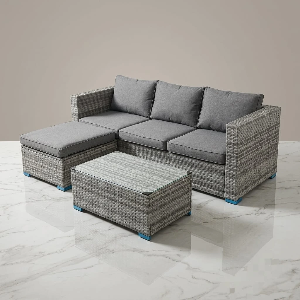 Premium Grey Rattan Garden Sofa Set with Footstool and Glass Top Coffee Table - Outdoor furniture in UK
