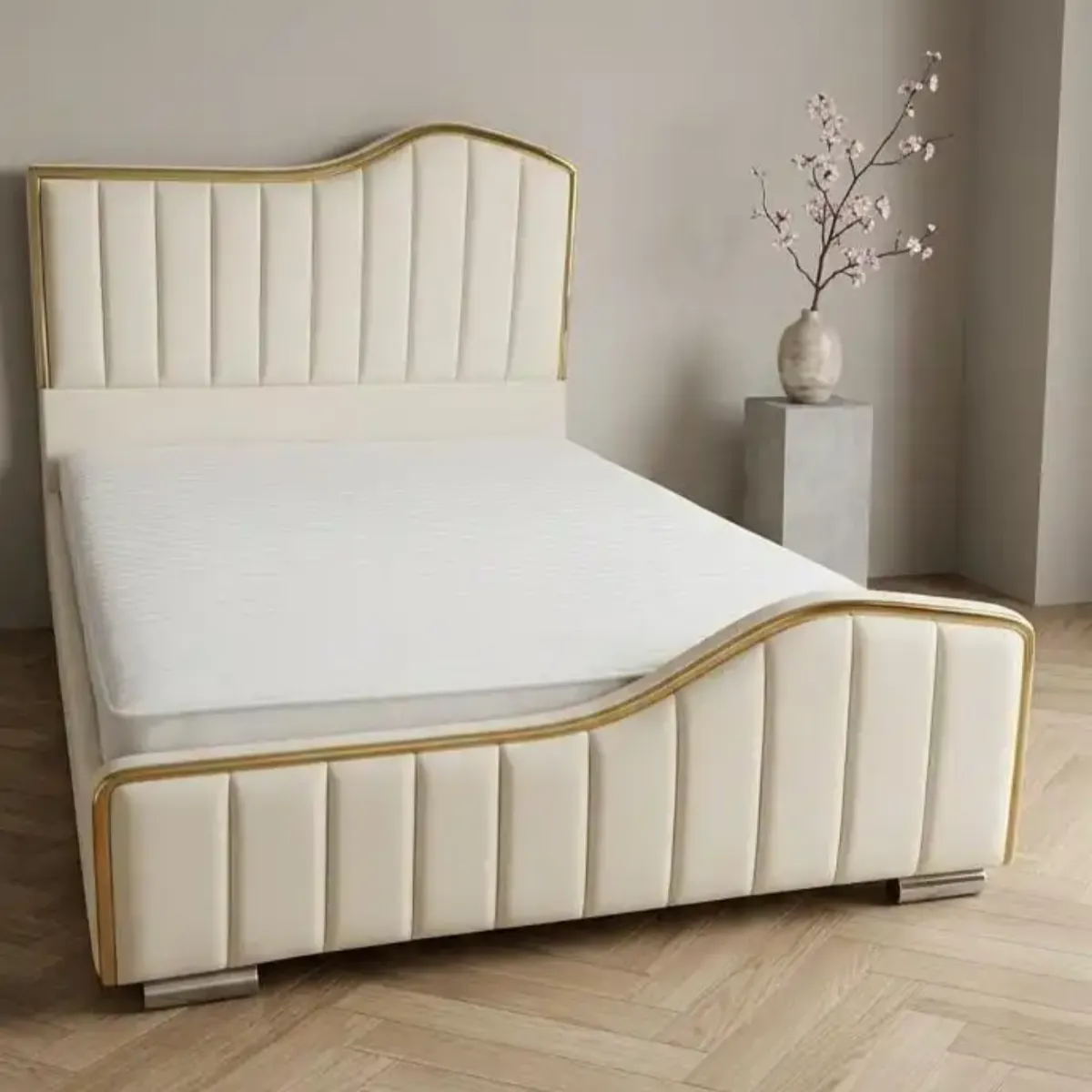 King-Size Luxury Golden Wave Cream Velvet Bed Frame With Premium Mattress & Free UK Delivery - Beds furniture in UK