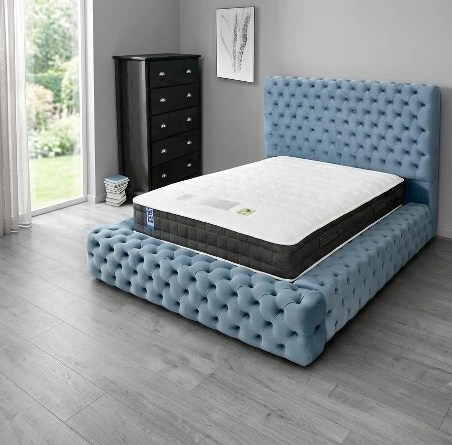 Luxury Double Ambassador Chesterfield Velvet Bed Frame with Mattress - Sky Blue - Beds furniture in UK