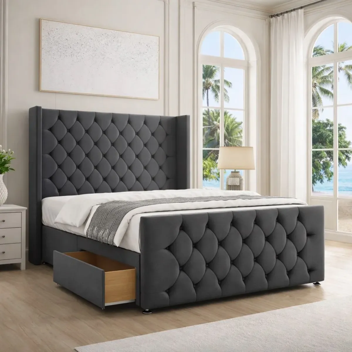Double Dolce Winged Divan Bed with Mattress – Luxury Upholstered Bed Frame with Winged Headboard – Double/King Size - Beds furniture in UK