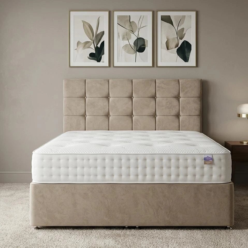 Mink Plush Velvet Divan Bed Set with Cube Headboard and Mattress - Beds furniture in UK