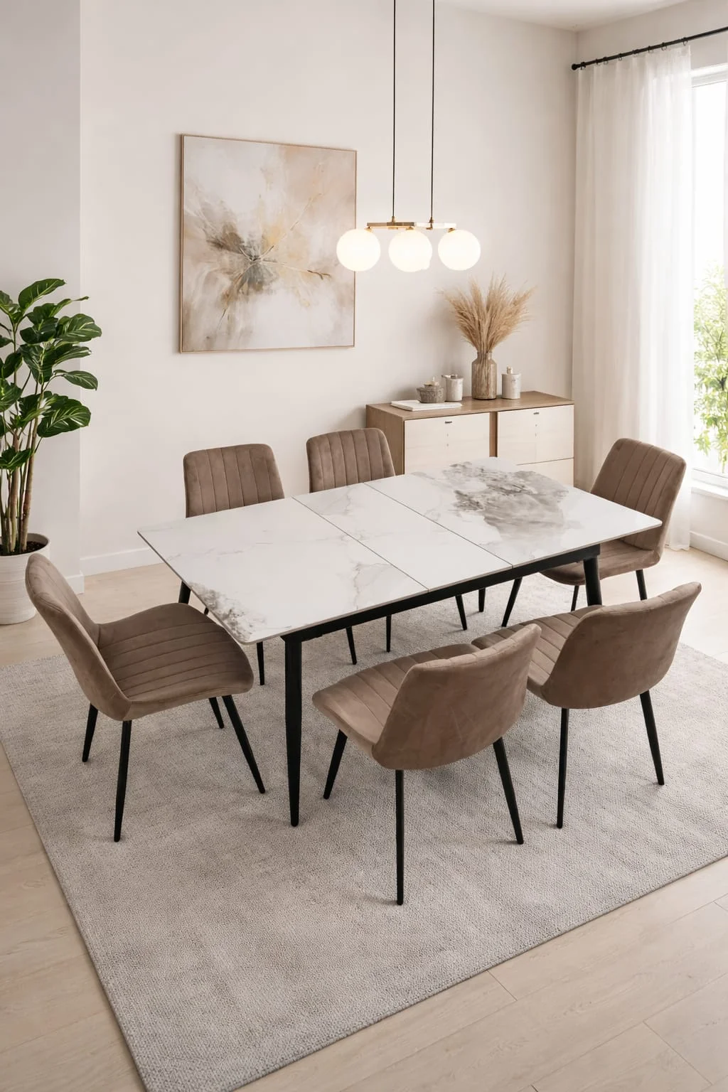 Extendable Ceramic Dining Table Set – High Gloss Finish with Velvet Chairs & Wooden Legs - Dining furniture in UK