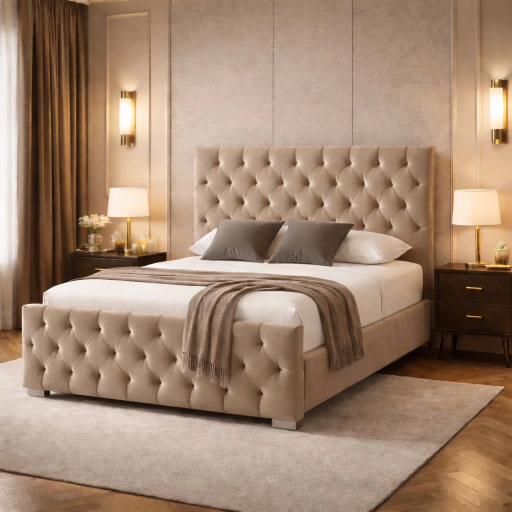 Florida Luxury Beige Double Chesterfield Bed Frame with Mattress - Beds furniture in UK