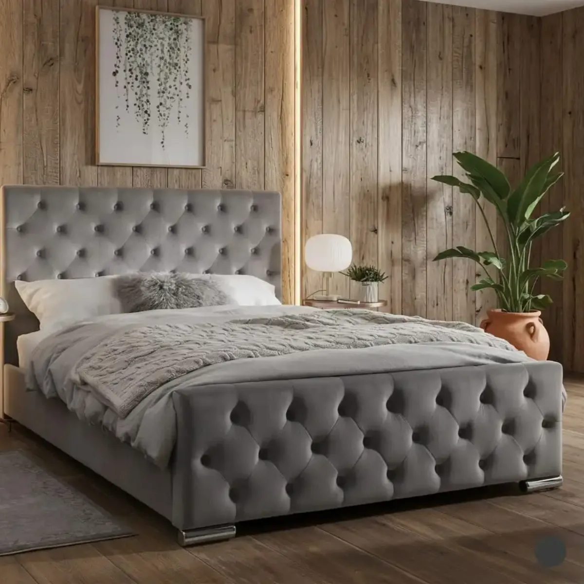 Florida Grey Velvet Double Bed with Luxury Mattress — Iconic Chesterfield Deep Buttoned Design - Beds furniture in UK