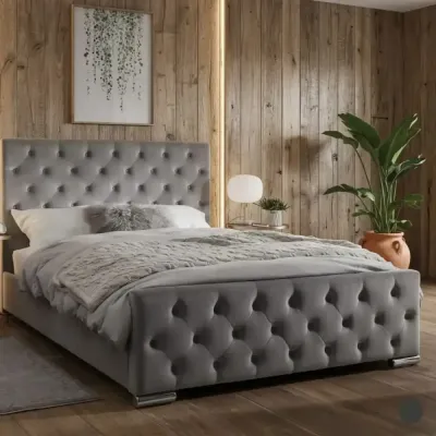 Florida Grey Velvet Double Bed with Luxury Mattress – Chesterfield bed for the bedroom