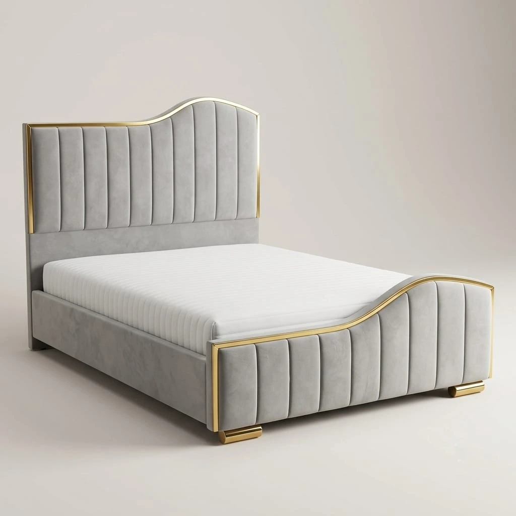 Golden Wave Fluted Velvet Double Bed with Mattress – Cash on Delivery & Free UK Delivery - Beds furniture in UK