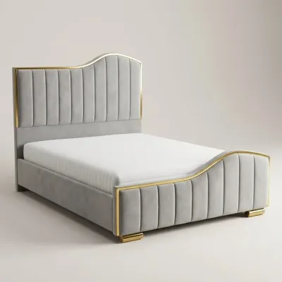 Golden Wave Fluted Grey Velvet Double Bed with Mattress – bed frame for the bedroom