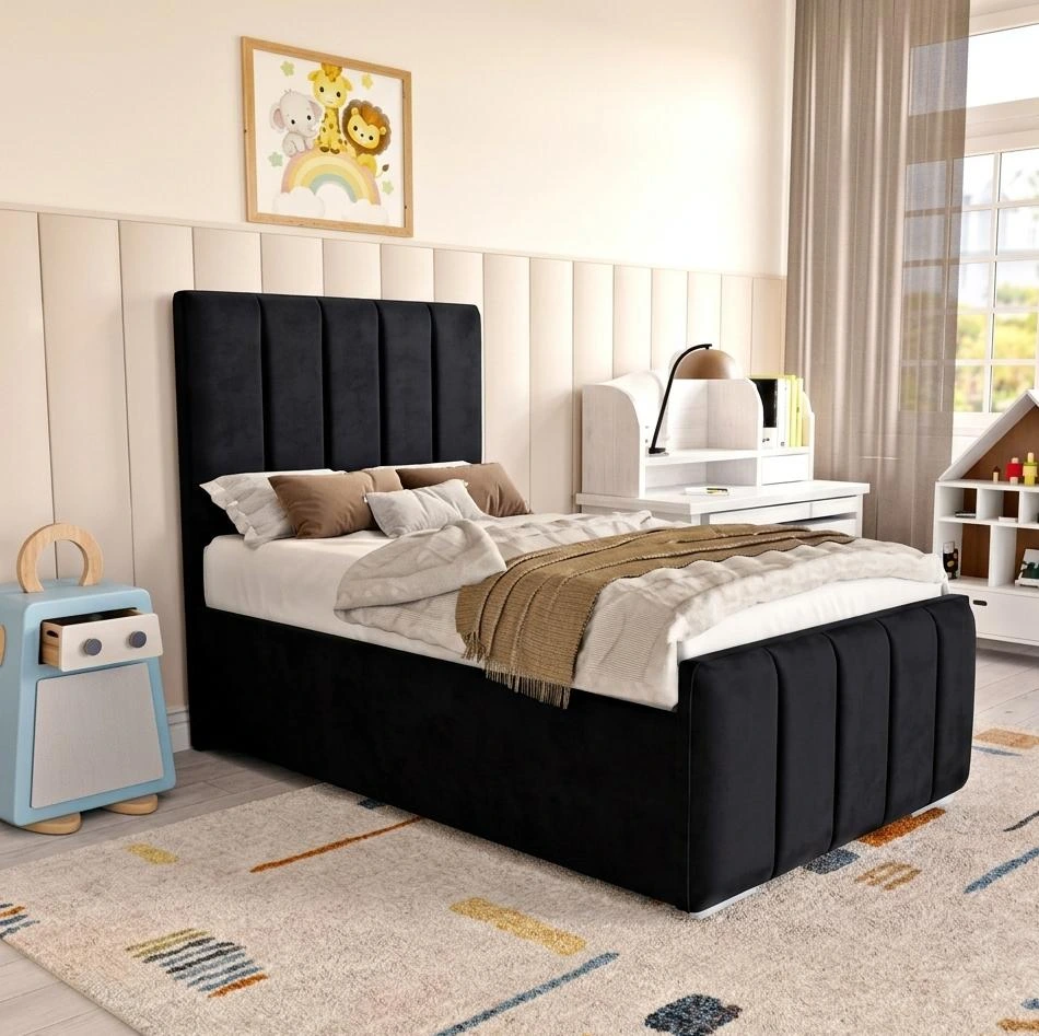 Single Black Plush Velvet Vertical Panel Bed Frame with Mattress - Beds furniture in UK