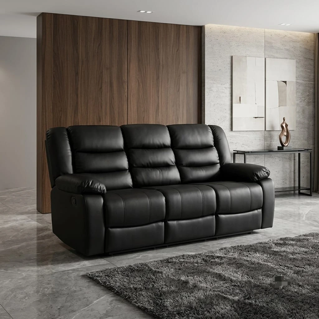Elite Comfort 3-Seater Manual Recliner Sofa – Premium Black Leather-Effect Finish | Sofas | UK