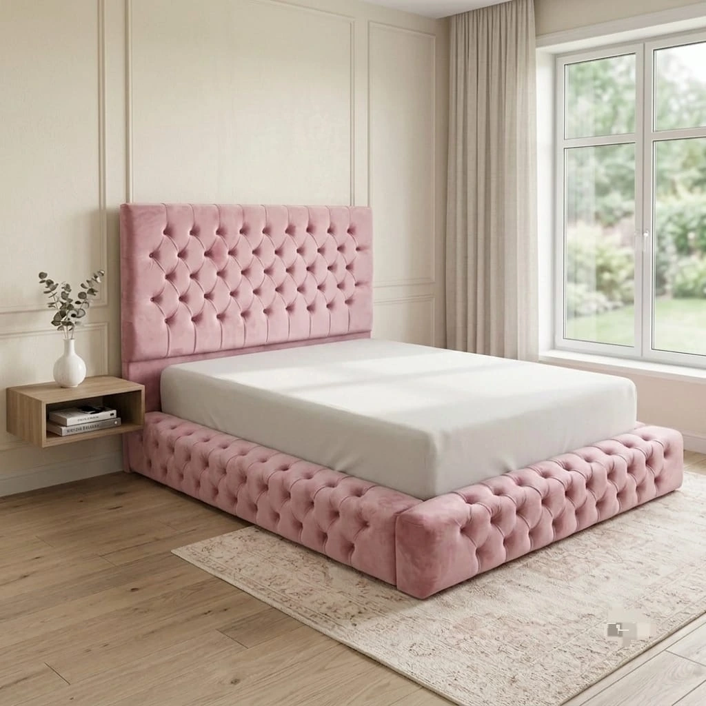 Luxury Double Ambassador Chesterfield Velvet Bed Frame with Mattress - Pink - Beds furniture in UK