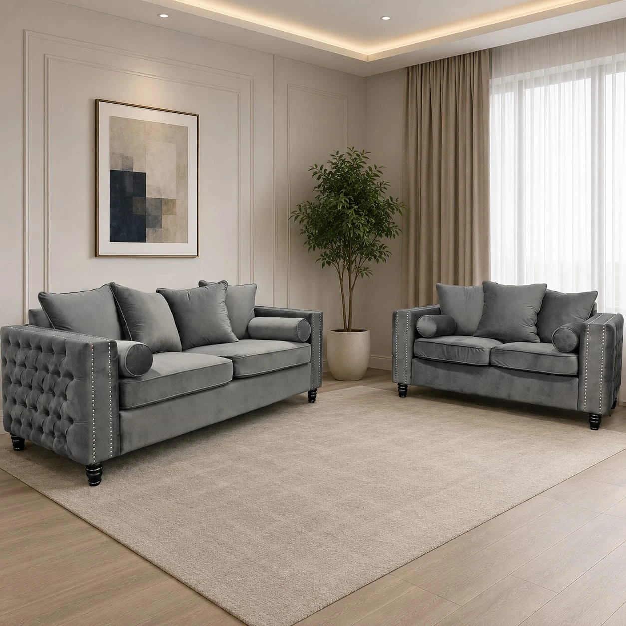 Alaska Luxury 3 and 2 Seater Grey Velvet Diamond Sofa Set Modern Fabric Settee Suite - Sofas furniture in UK