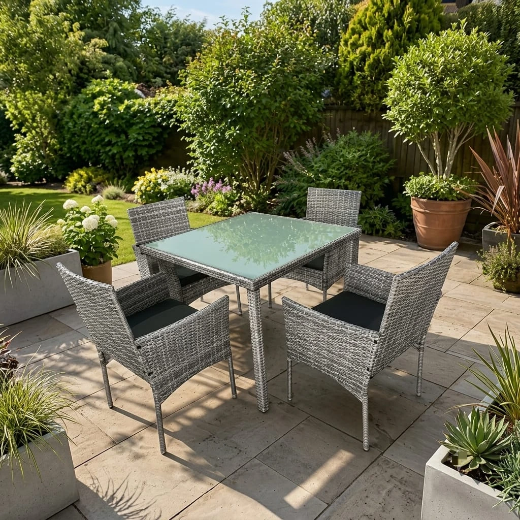 Modern 4-Seater Grey Rattan Garden Dining Set with Square Glass Table - Outdoor furniture in UK