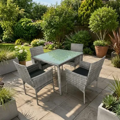 Modern 4-Seater Grey Rattan Garden Dining Set with Square Glass Table – garden furniture set for the garden
