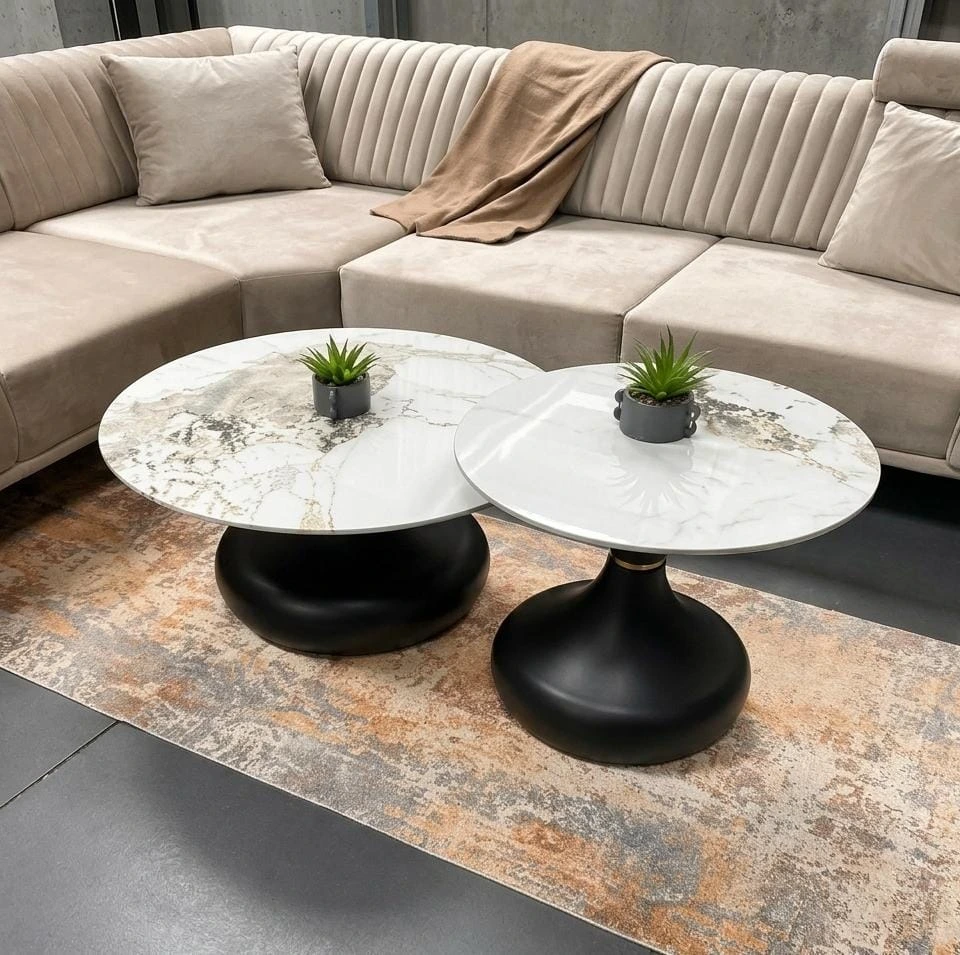Round Marble Coffee Table Set of 2 – Modern Nesting Center Tables for Living Room - Occasionals furniture in UK