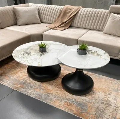 Round Marble Coffee Table Set of 2 in Black – table for the living room