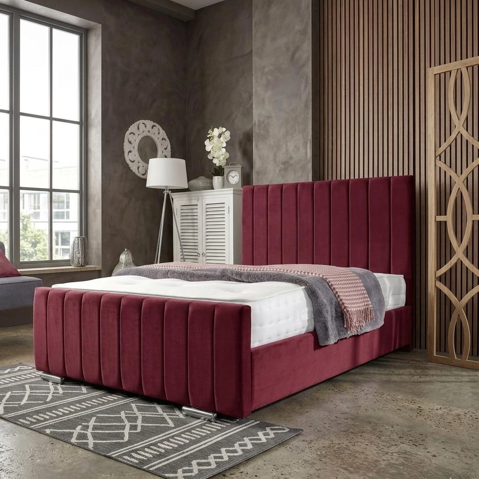 Double Burgundy Plush Velvet Vertical Panel Bed Frame with Mattress - Beds furniture in UK