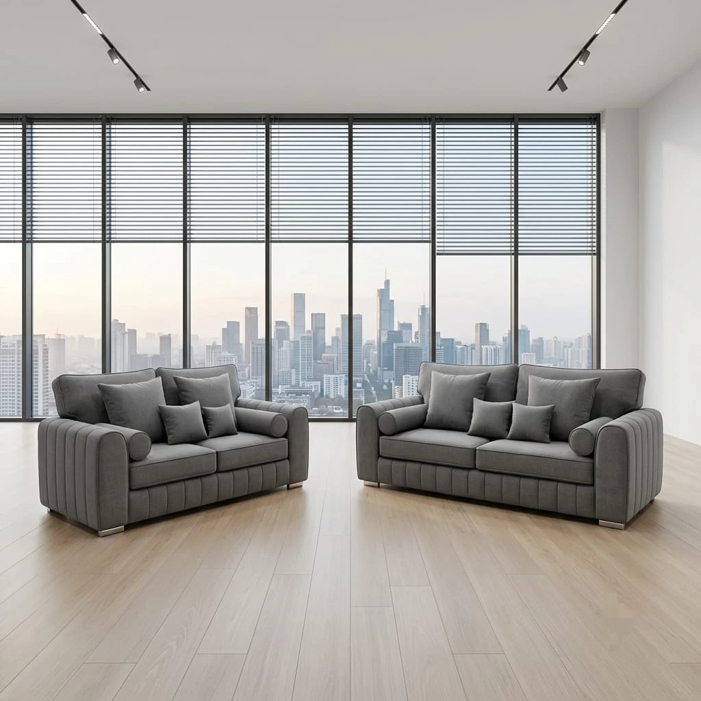 Lilly Grey Plush Velvet 3-Seater and 2-Seater High-Back Sofa Set – Modern Living Room Suite | Sofas | UK