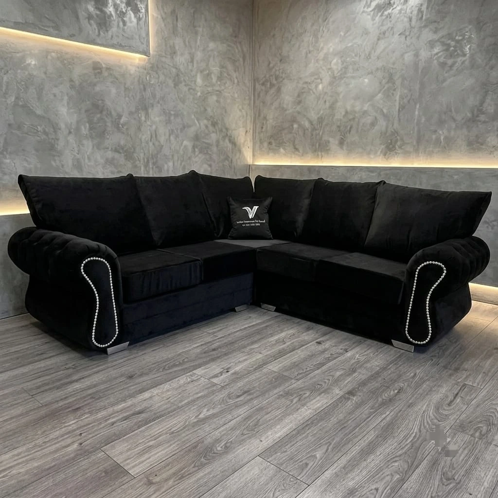 Rio High-Back Black Velvet L-Shape Sofa with Studded Scroll Arms - Sofas furniture in UK
