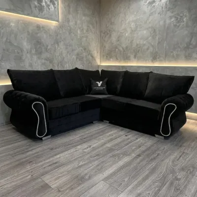 Rio High-Back Black Velvet L-Shape Sofa with Studded Scroll Arms – corner sofa for the living room